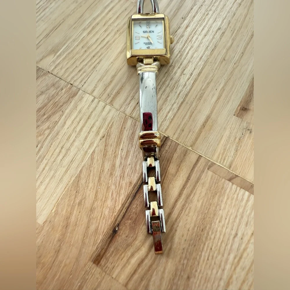 Vintage Gruen ladies diamond rectangular two tone dress watch NEW BATTERY